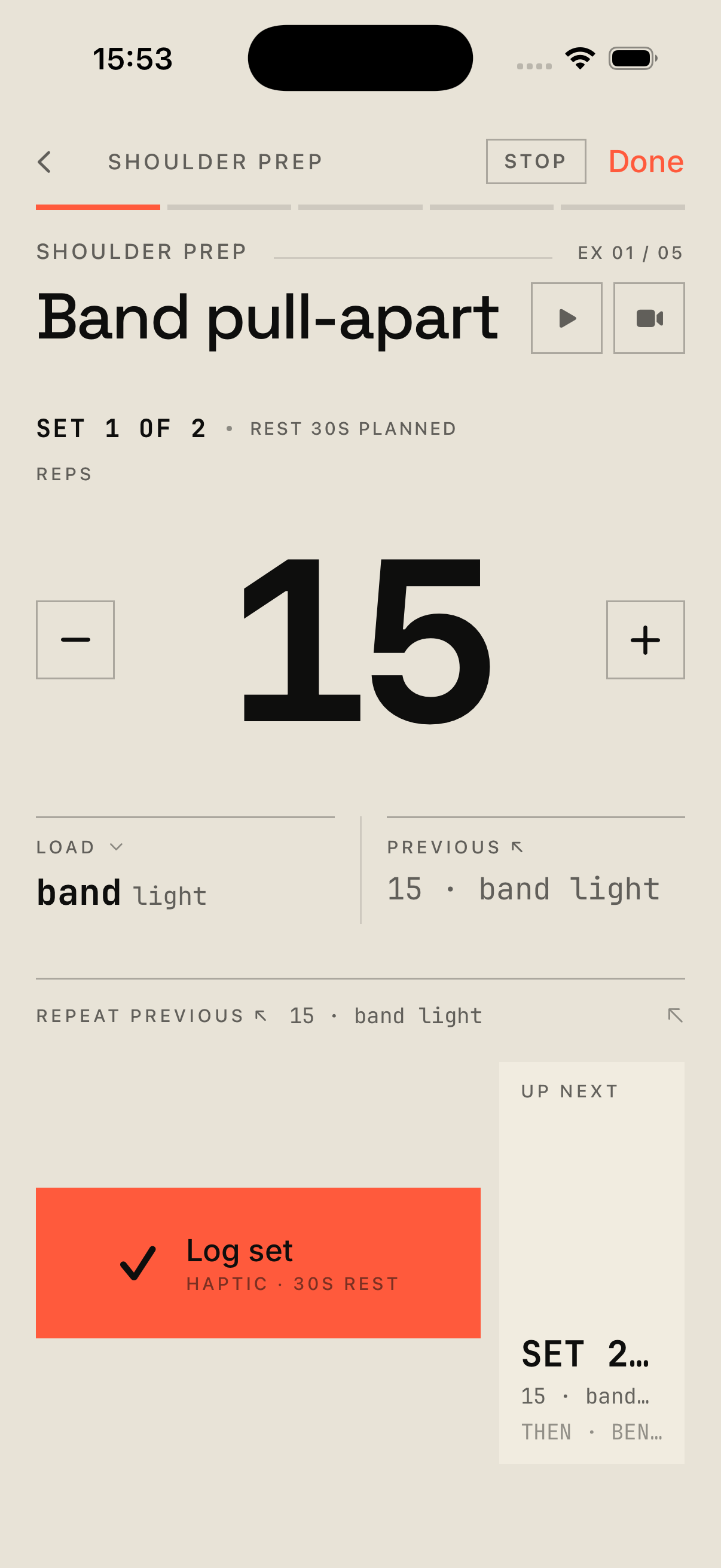 Aski mid-set: large rep count and weight, previous set ghosted beneath, coral checkbox.